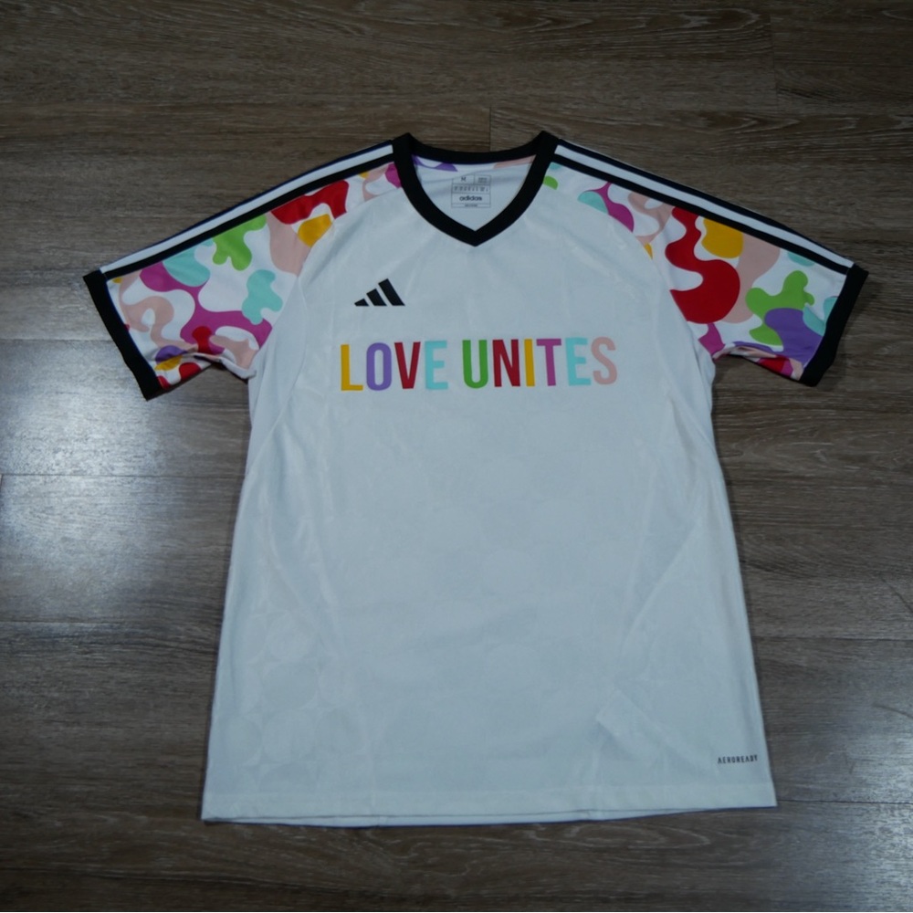 Adidas Love‎ Unites  Soccer Jersey White Multi Color Aeroready Slim Fit M